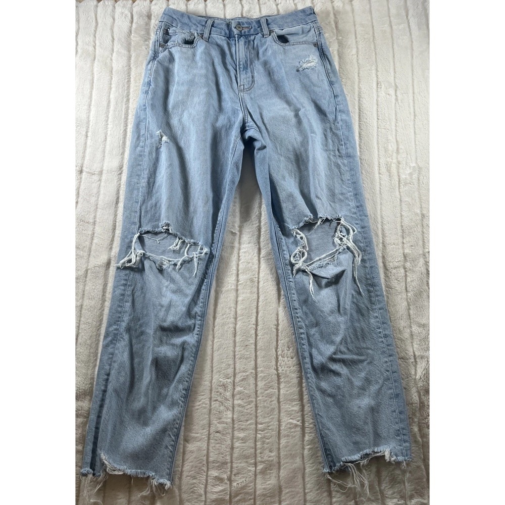 American Eagle Jeans Women 8 Blue Strigid Curvy‎ Mom Distressed Destroyed Ripped